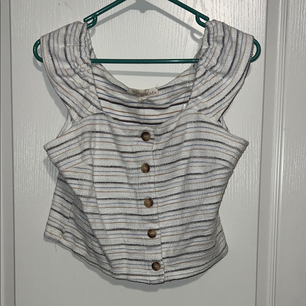 Striped Button-Front Women's Tank Top - tan and blue